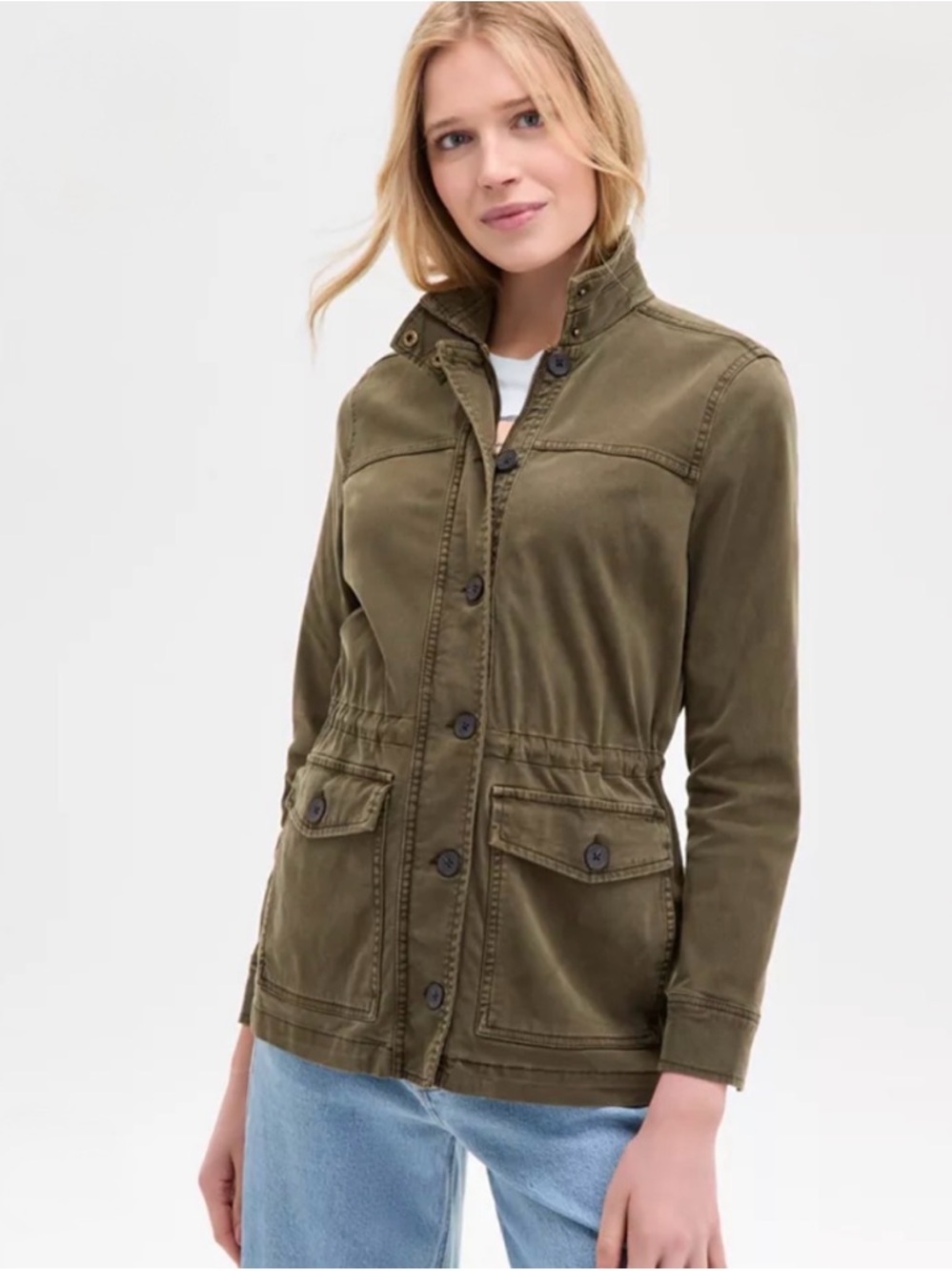Lucky Brand Cinch Waist Button/Zip Two Pocket Utility Jacket, Olive Green, SZ XL